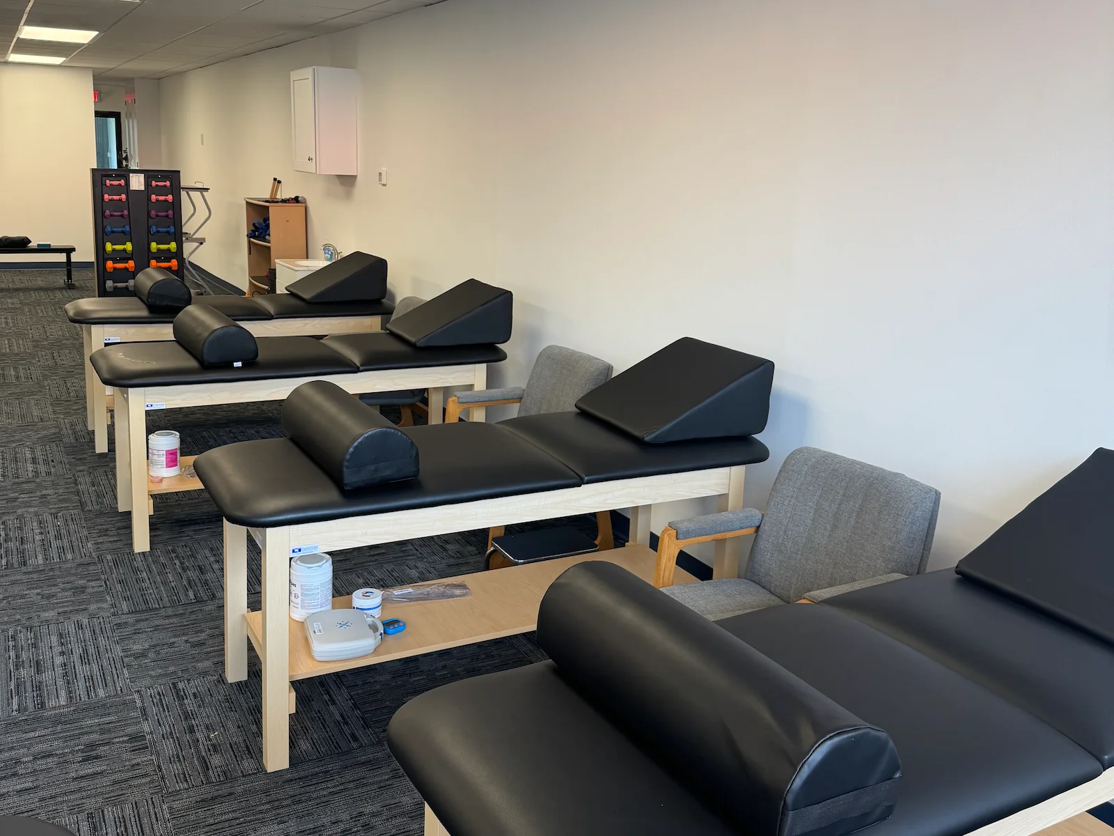 Treatment tables in a physical therapy clinic.
